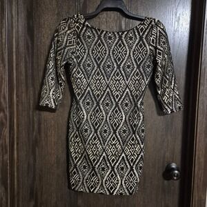 As U Wish Womens Gold Black Geometric Metallic Bodycon Mini Dress Medium